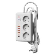 Удлинитель с сетевым фильтром 3х1.5м 10А 4USB + 2USBC 2500Вт ПВС 3х1 прямоуг. бел. КОСМОС FKsm1.5m-3gPF(W)USB